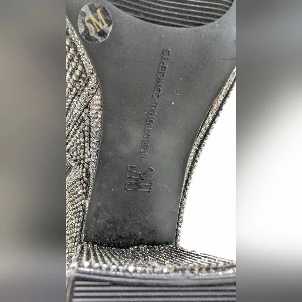 New INC Tall Sparke Knee High Boots Block Heel Pewter Crystal Sz 5 Taylor Swift